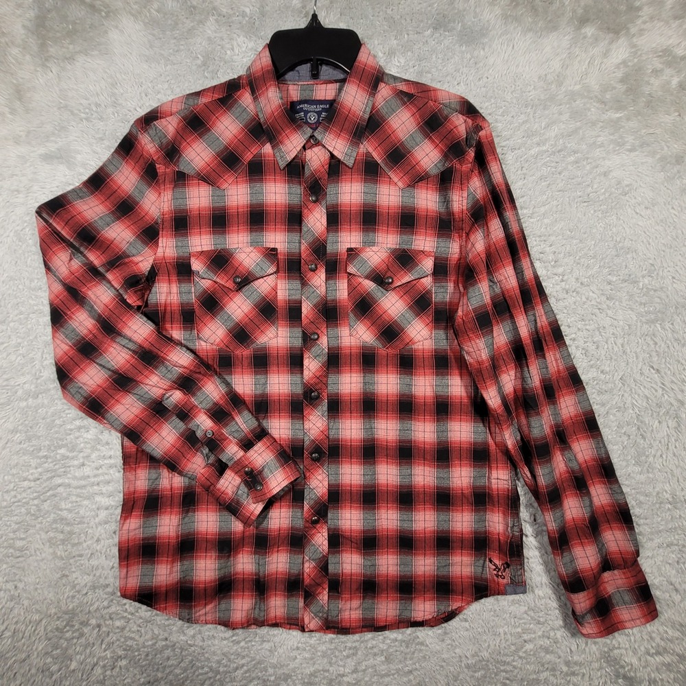 American Eagle Western Shirt Mens Large Red Plaid Pearl Snap Vintage Fit *